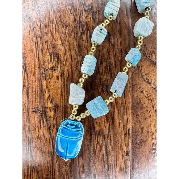Vintage Egyptian Larimar Carved Stone Scarab Beetle Revival Beaded Necklace Teal - Picture 1 of 6
